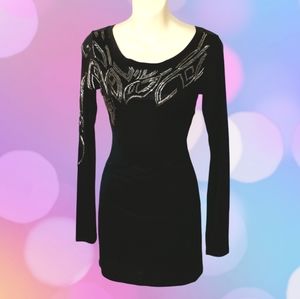 ZINGA Little Black Dress Embellished Sleeve T-shirt Scoop Neck Mini Dress